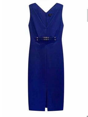 Versace Vibrant  Blue Double V-Neck Midi Sheath Dress with belt Stud Waist